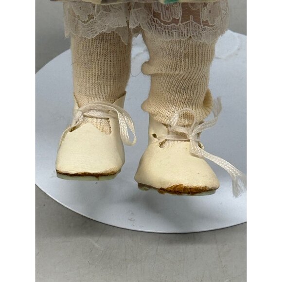 Vintage Porcelain Doll Blonde Curly Hair Blue Eyes Dress Lace Trim Figurine READ - Picture 2 of 11